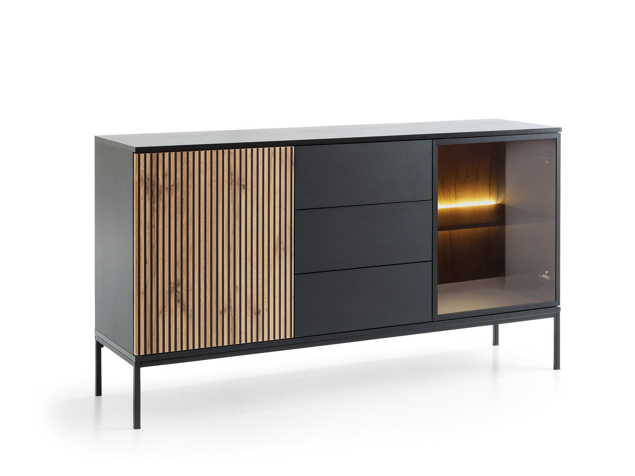 KOMMODE Lagos 154 cm mit drei Schubladen Schwarz und Wotan Eiche - Eiche Wotan/Schwarz, Holzwerkstoff/Metall (154/83/39cm) - Ravio