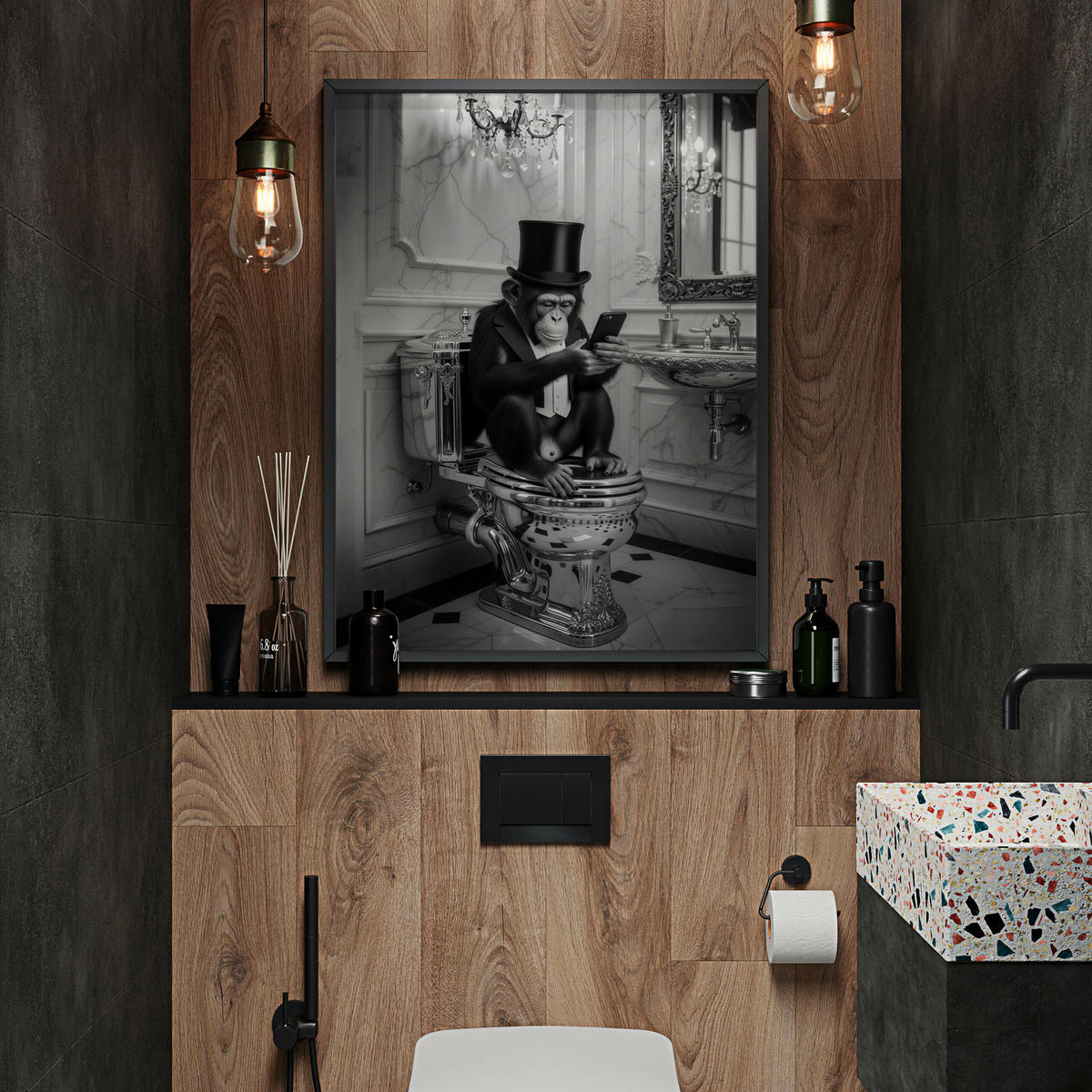 POSTER für Badezimmer WC AFFE mit Zylinder auf Toilette Abstraktion 20x30cm - Schwarz/Weiß, Papier (20/30/1cm) - Muralo