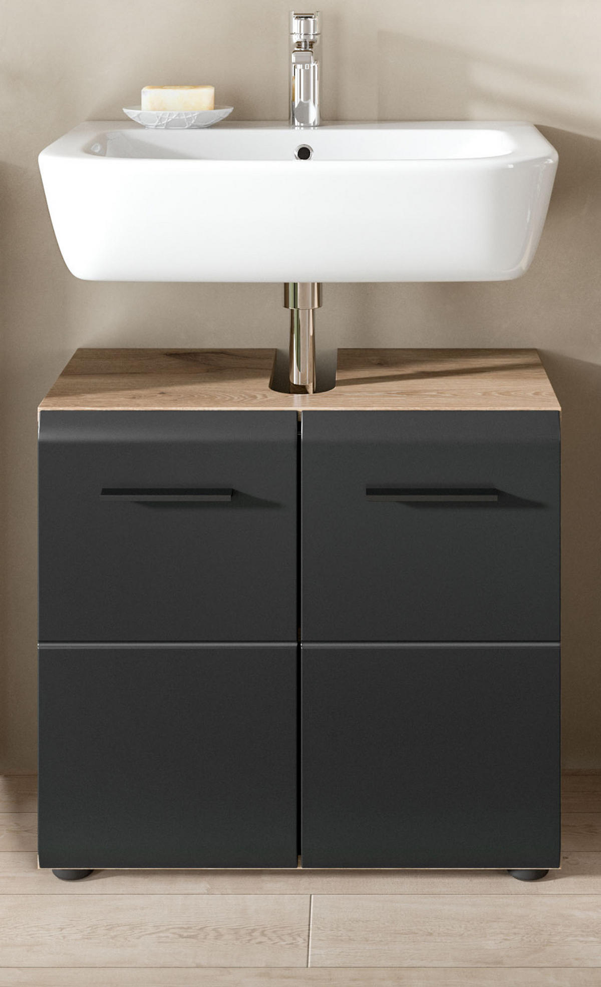 WASCHBECKENUNTERSCHRANK schwarz matt, Eiche Nox, Waschtisch Badschrank 60 cm - Eichefarben/Schwarz, Holzwerkstoff/Kunststoff (60/54/30cm) - Inn.Furn