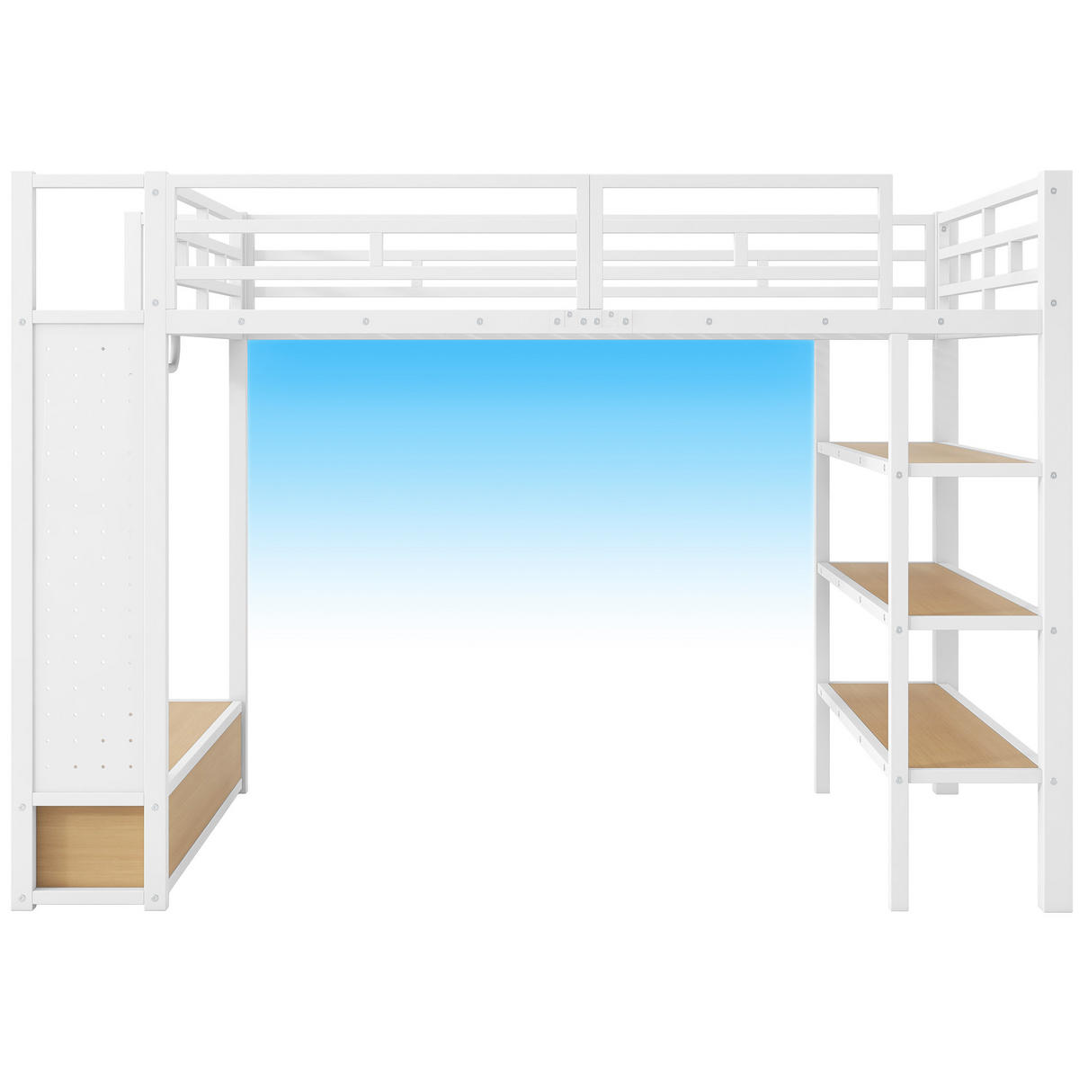 HOCHBETT aus MDF und Metall 140x200 cm Weiß mit Kleiderschrank, Lochwand, LED-Beleuchtung und Stauraum - Weiß, Holzwerkstoff (140/200cm) - Modfu