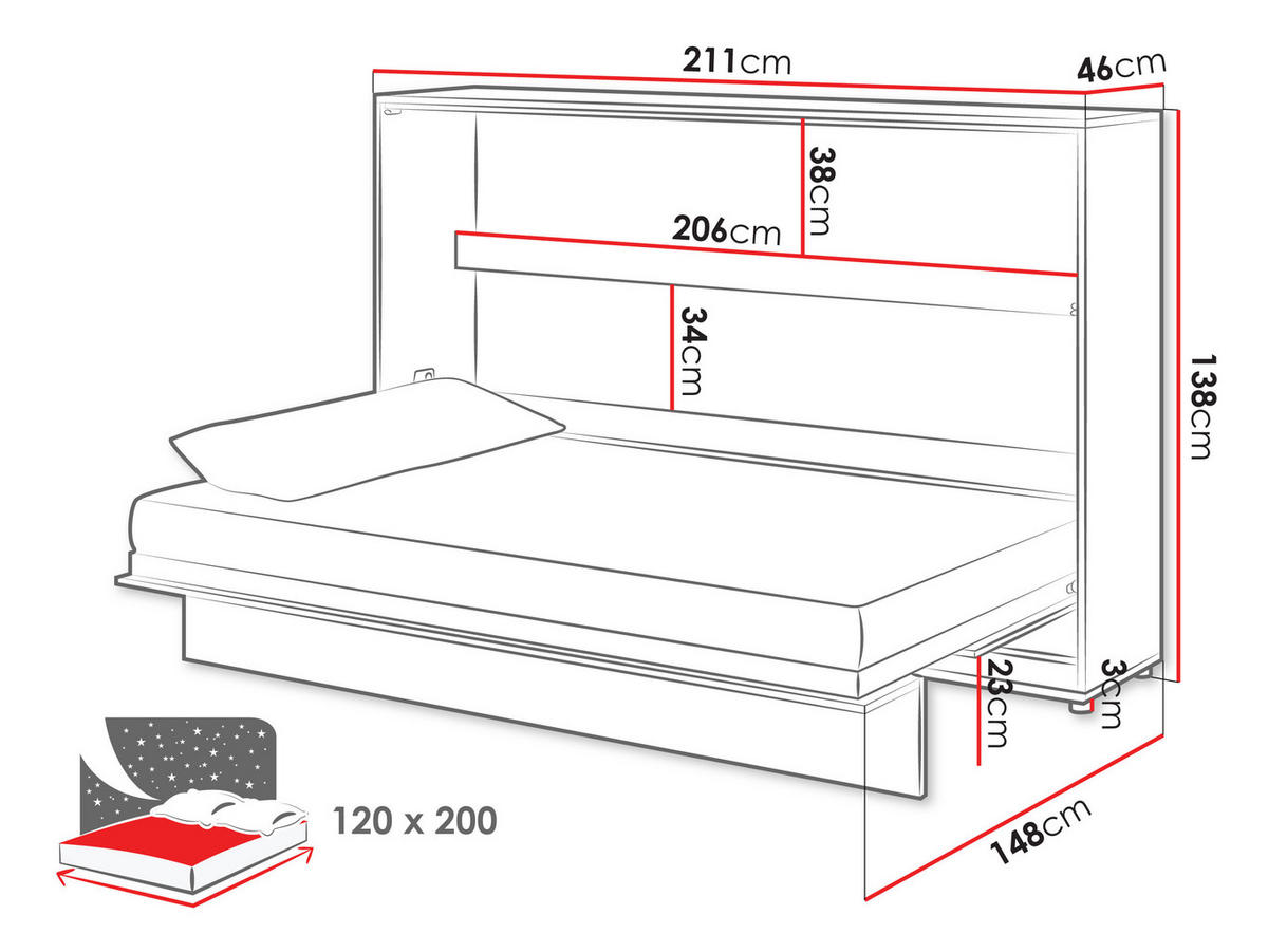 SCHRANKBETT Bed-Concept BC-05 120x200 - Grau, Holz/Holzwerkstoff (120/200cm) - MIRJAN24