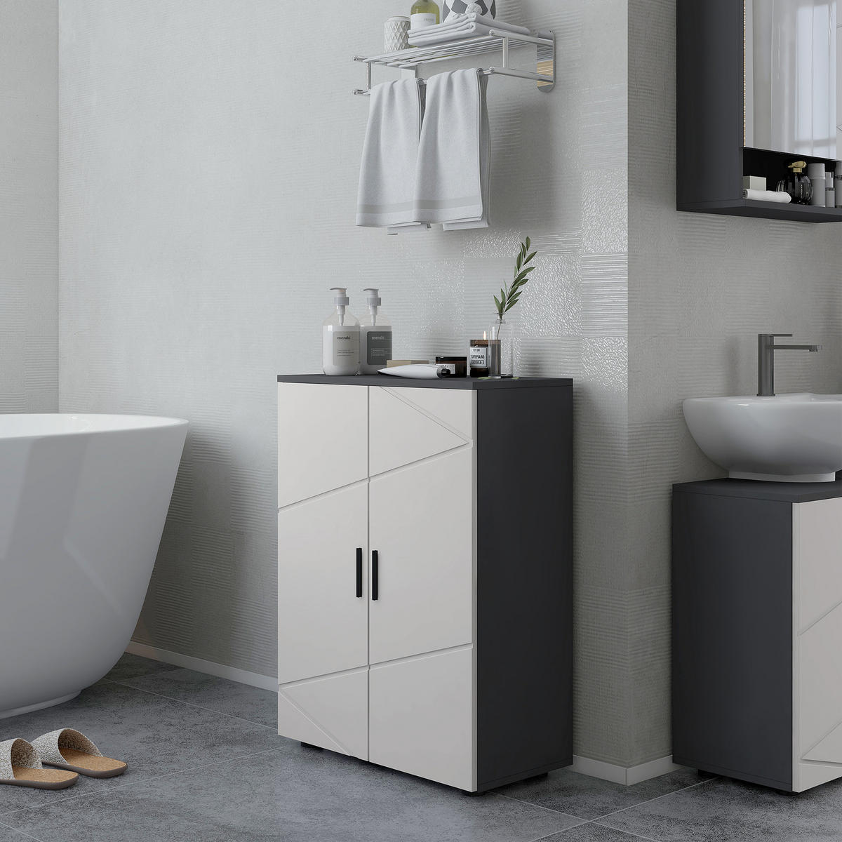 BADEZIMMERSCHRANK Beistellschrank mit Doppeltür 60 x 30 x 82 cm Grau - Grau, Holzwerkstoff (60/82/30cm) - Kleankin