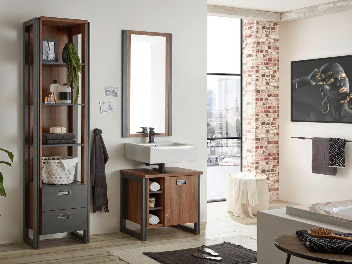 BADMÖBEL-SET 3-teilig Eiche Stirling, Matera grau, Badkombination 120 x 205 cm - Eichefarben/Grau, Holzwerkstoff (120/205/40cm)