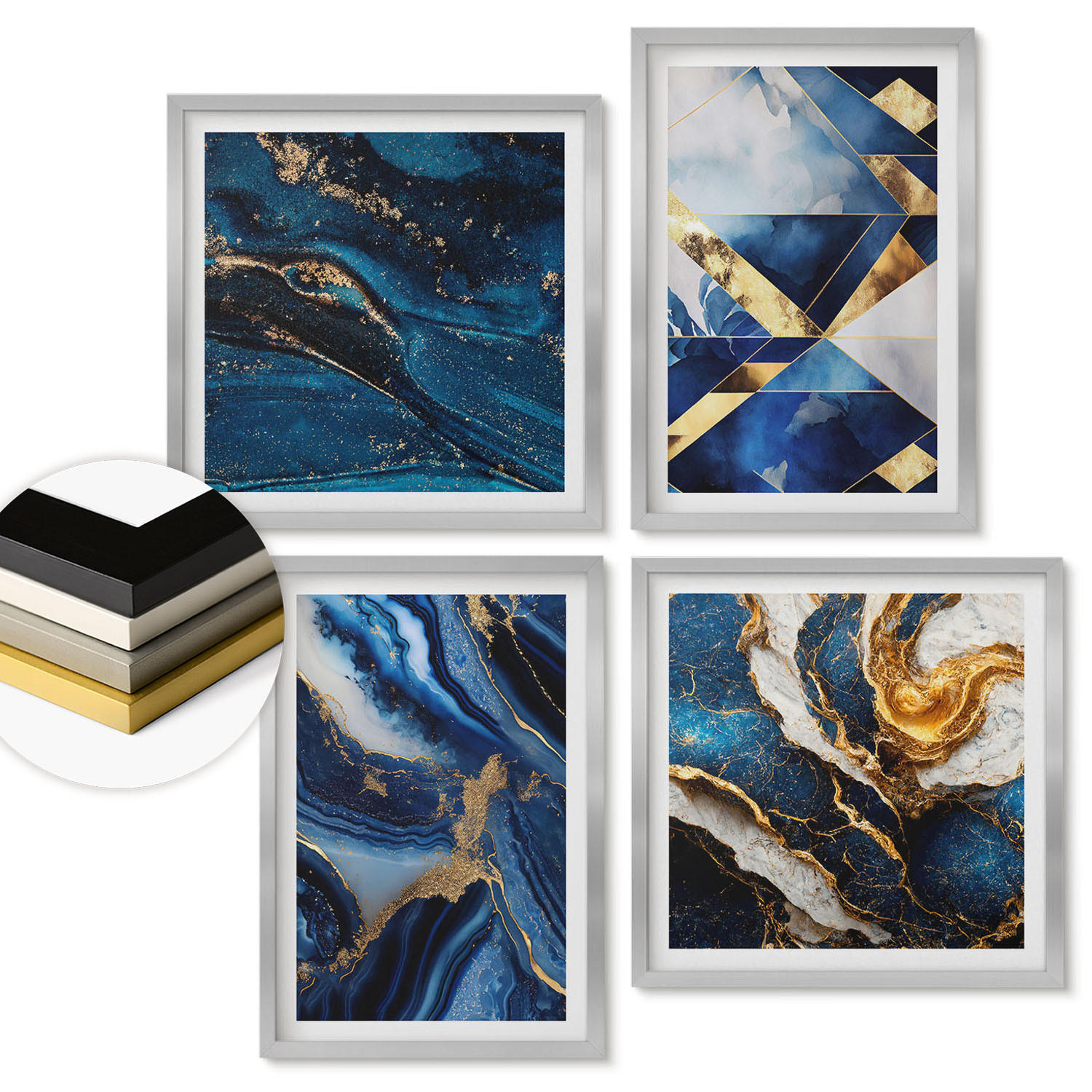 WANDBILDER 4er Set - 50x50 cm & 40x60 cm Silberner Rahmen - Abstrakte, elegante Muster - Silberfarben, Kunststoff (50/50cm) - ArtPrintCave