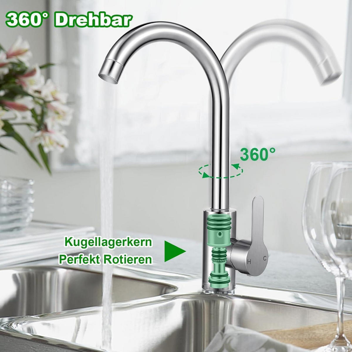 KÜCHENARMATUR 360° drehbar mit Schläuchen Edelstahl Hochdruck - Silberfarben, Metall (18/5/32cm)