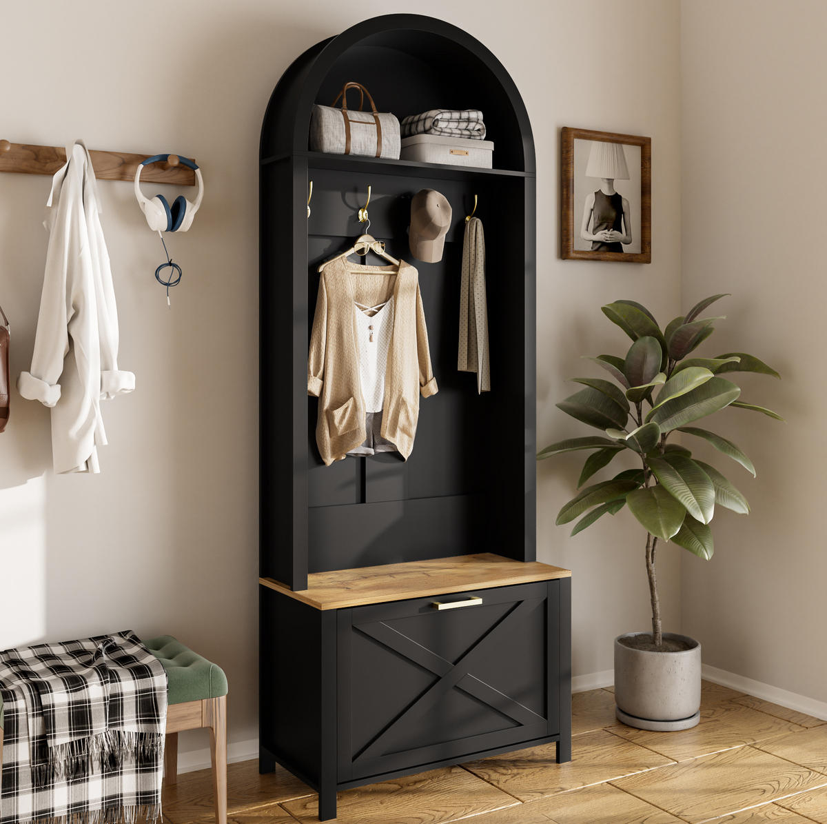 GARDEROBENSCHRANK mit Haken und Schuhfach 75 x 35 x 195 cm MDF Schwarz/Holzfarbe - Schwarz, Holzwerkstoff (35/195/75cm) - Beauniv