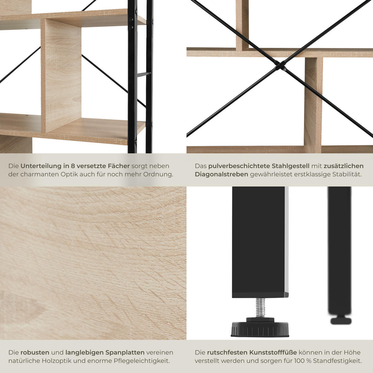 REGAL Charleston,inklusive Kippschutz, 75,5 x 30 x 155 cm,Industrial Holz hell, Eiche Sonoma - Naturfarben, Holzwerkstoff (30/155/75.5cm) - tectake
