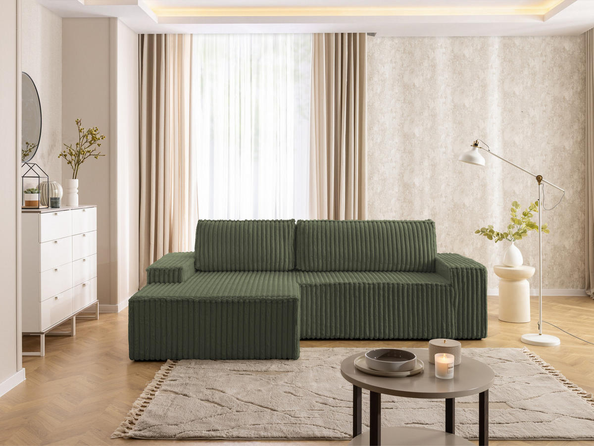 ECKSOFA Rivio mit Schlaffunktion und Bettkasten, Plüschcord Grün - Schwarz/Grün, Holz/Kunststoff (149/262cm) - S-Style