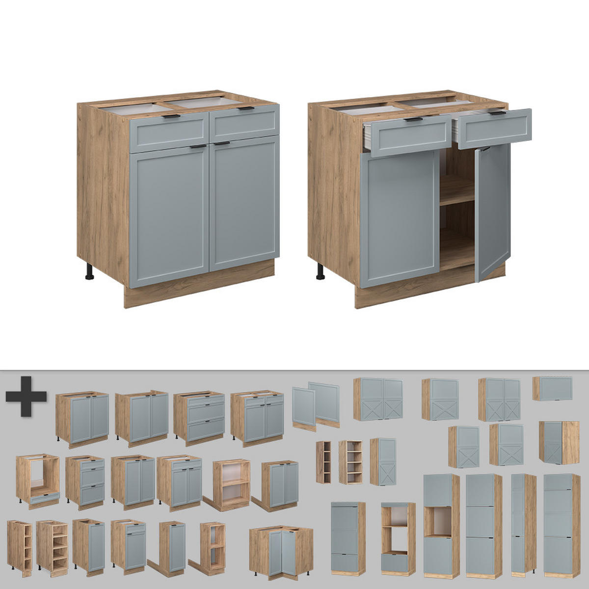 KÜCHENUNTERSCHRANK Fame-Line Hellblau-grau 80 cm, AP Anthrazit - Honigeiche/Eiche Wotan, Holzwerkstoff (80/82/60cm) - Vicco