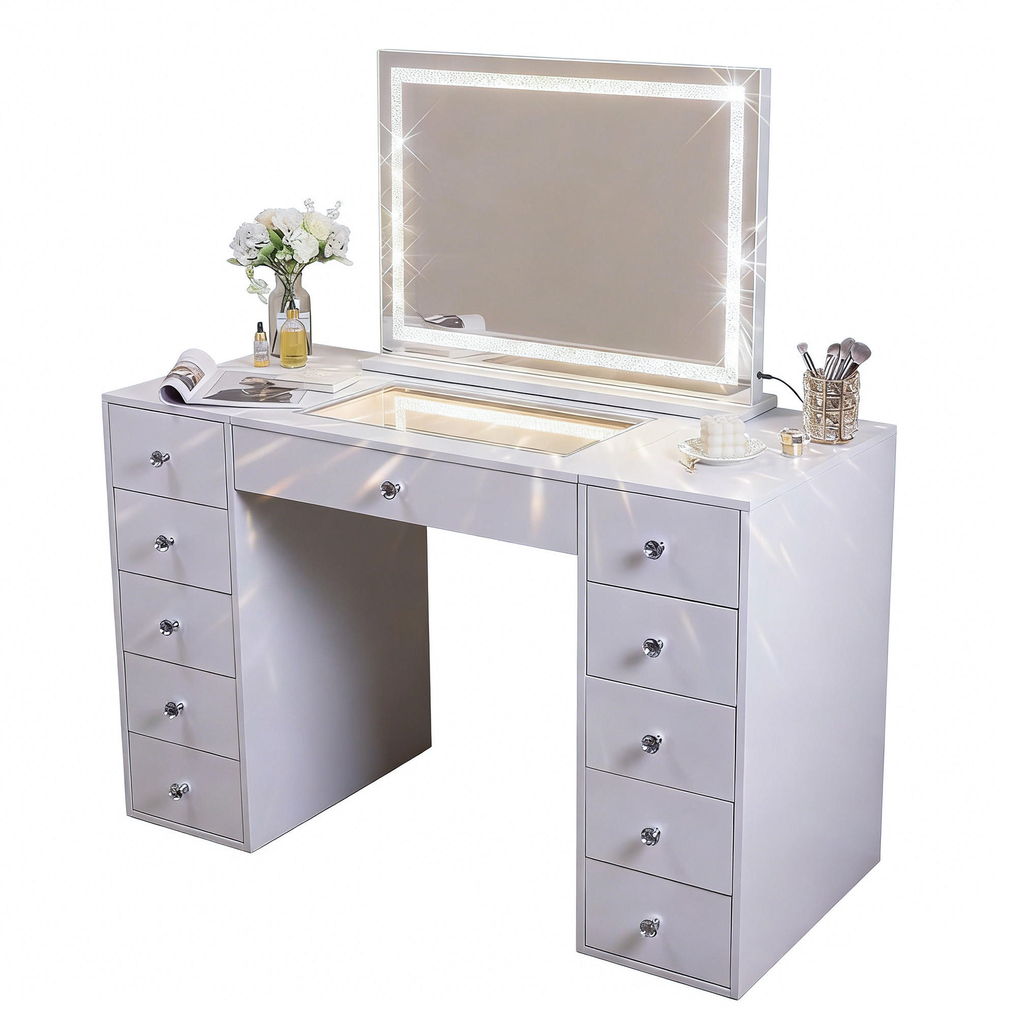 SCHMINKTISCH mit 11 Schubladen 130/55/81 CM und LED Lichtleiste gestreute Diamanten und Bluetooth 80 x 58 CM - Weiß, Holz/Metall (130/81/55cm) - VANITII