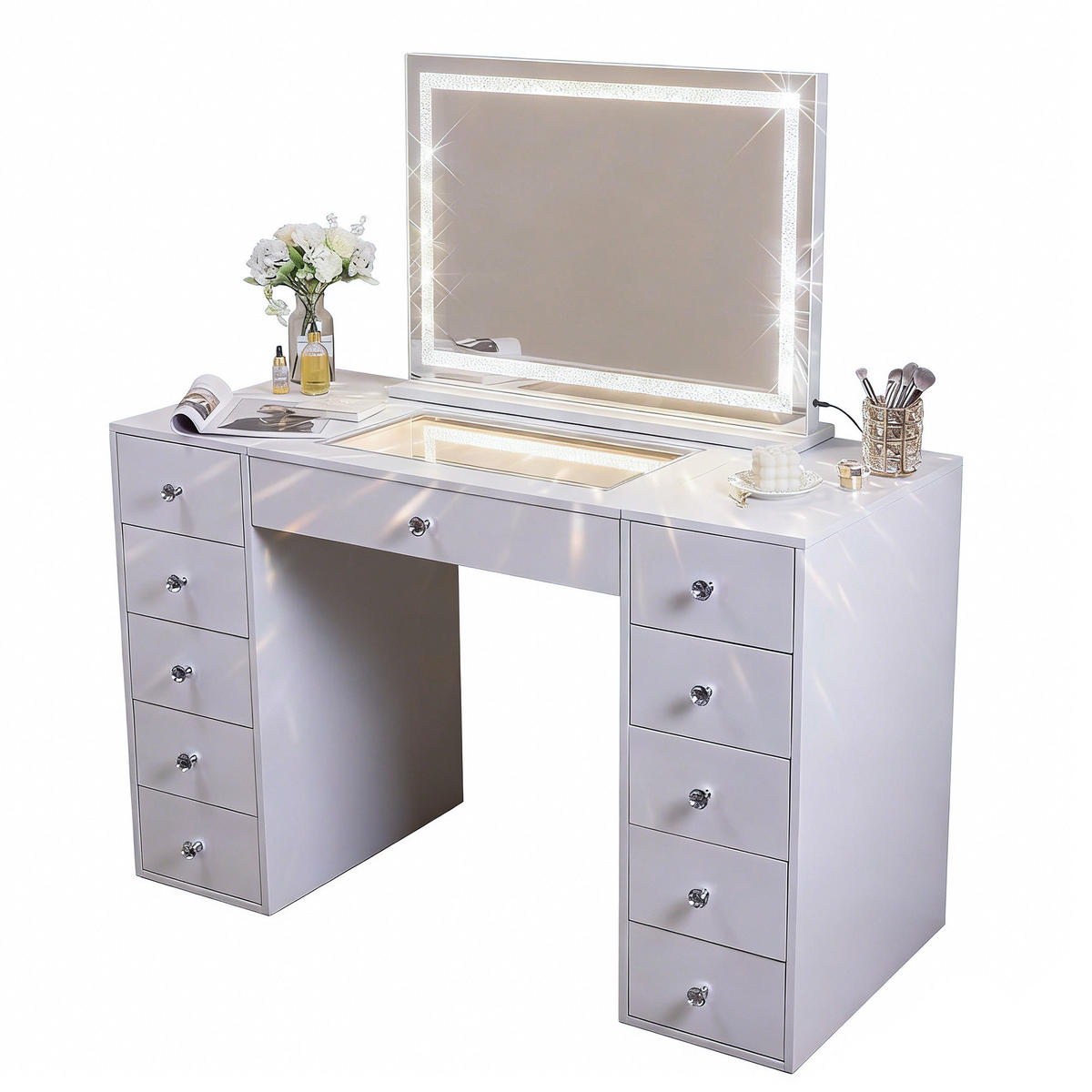 SCHMINKTISCH mit 11 Schubladen 130/55/81 CM und LED Lichtleiste gestreute Diamanten und Bluetooth 80 x 58 CM - Weiß, Holz/Metall (130/81/55cm) - VANITII