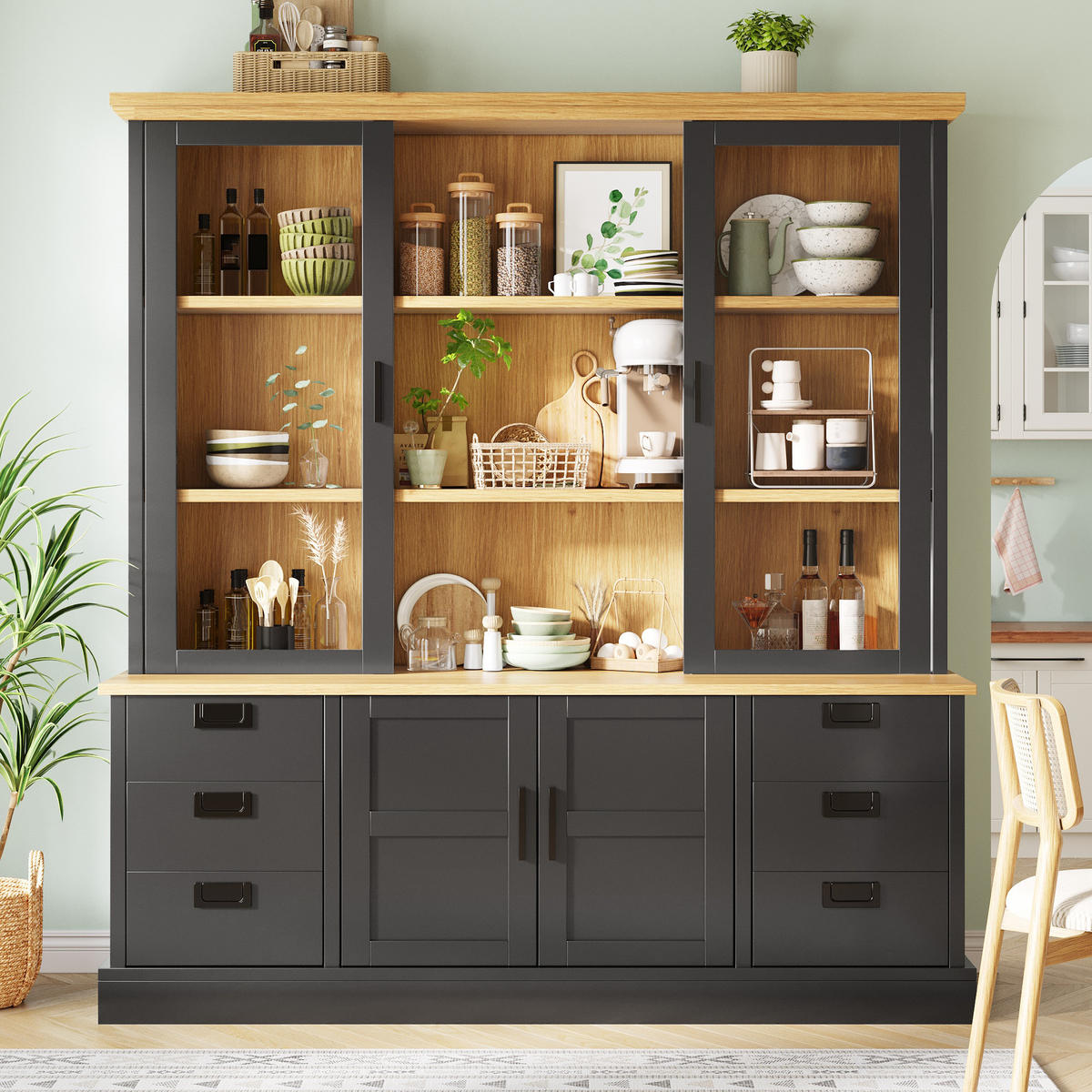 KÜCHENSCHRANK 140x185Cm 6 Schubladen Glastüren - Schwarz, Holzwerkstoff (140/185/40cm) - FLIEKS