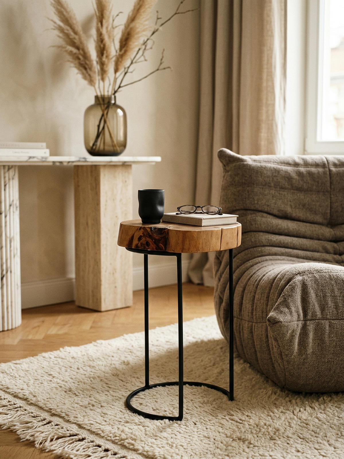 BEISTELLTISCH Massivholz Metallgestell Baumstammplatte Landhausstil INDI, Beige 28x28x45 cm - Beige/Schwarz, Holz/Metall (28/28/45cm) - KADIMA DESIGN