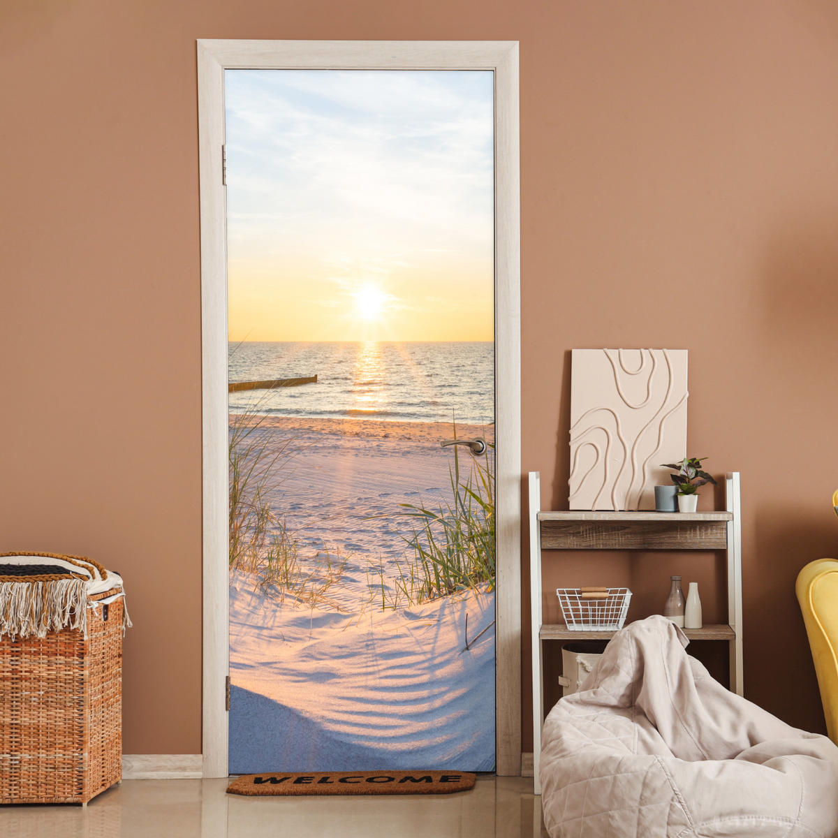 FOTOTAPETE Tür - Strand - Sonne - Düne - Gras - Sand - Horizont 95x235 cm - Dunkelgelb, Kunststoff (95/0.1cm) - MuchoWow