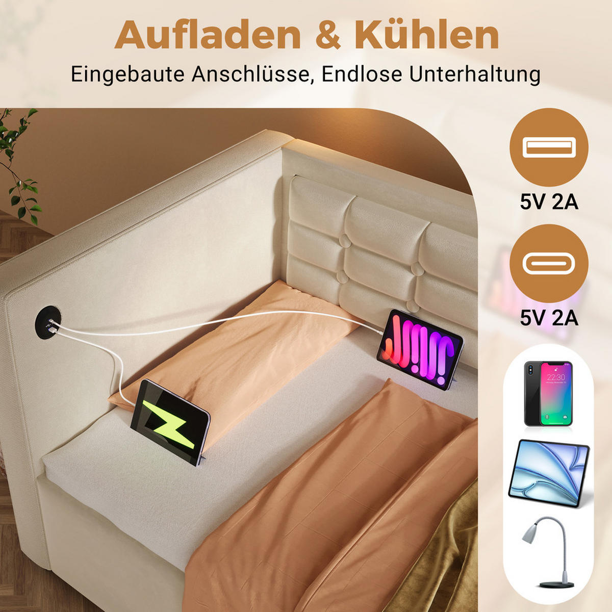 SCHLAFSOFA 90x200 cm mit Stauraum, USB Type-C Anschluss, grauer Samt - Beige, Holz (106/75/216cm) - FLIEKS