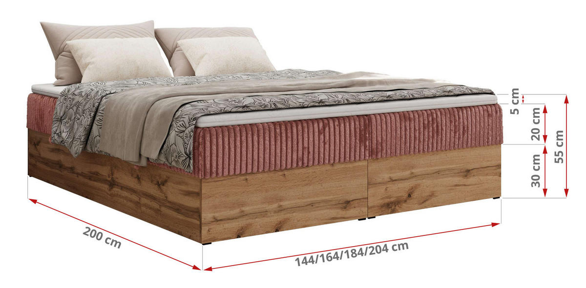 BOXBETT WOOD ZERO 160/200 - Rosa Cord - H3 - Topper Visco - Rosa, Textil (160/200cm) - MKS