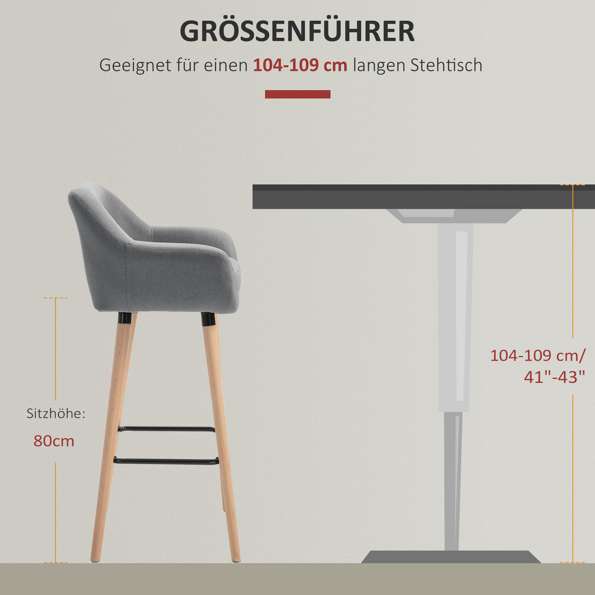 BARHOCKER, Buchenholzbeine, Metall, Grau - Grau, Holz (48/100/55cm) - HOMCOM