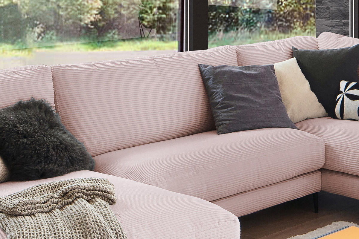 WOHNLANDSCHAFT CARA Pink Cord - Pink/Roségold, Textil (341/84/223cm) - KAWOLA
