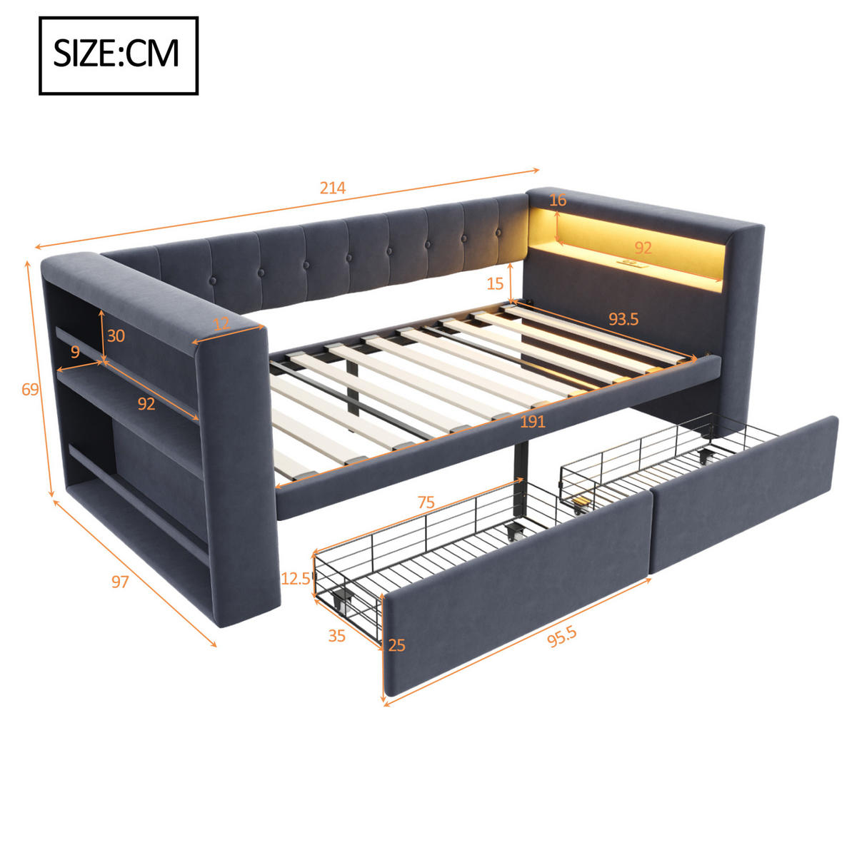 POLSTERBETT 90/190 cm mit LED-Beleuchtung, Steckdose, Stauraum und 2 Schubladen, Dunkelgrau - Dunkelgrau, Textil (90/190cm) - Redom