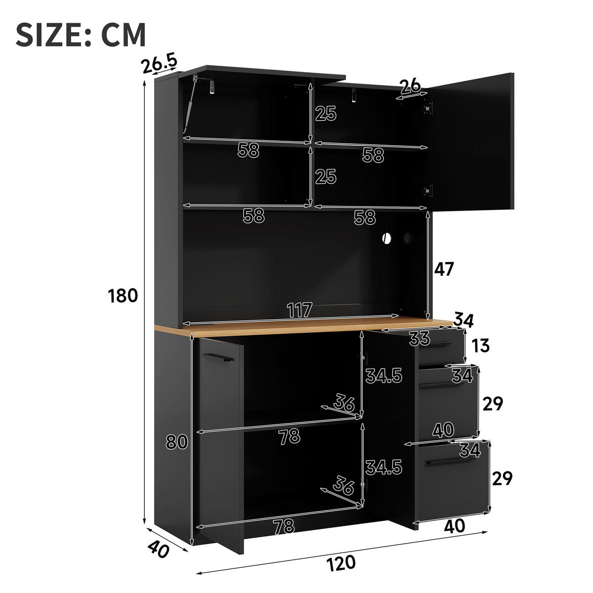 BUFFETSCHRANK 120x40x180cm LED Steckdose USB Schwarz - Schwarz, Holzwerkstoff (120/180/40cm) - FLIEKS
