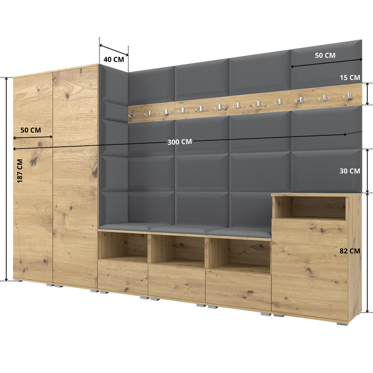 GARDEROBE NELA XII 300 cm (Modulare Flurmöbel Artisan Eiche mit Sitzpolster Dunkelgrau 15 Gigantisches Set) - Dunkelgrau/Silberfarben, Holz/Holzwerkstoff (300/187/40cm) - Ravio