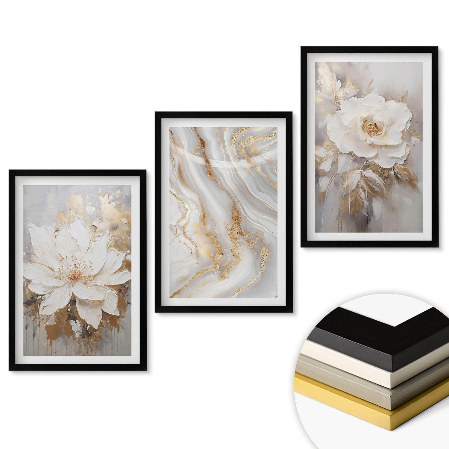 WANDBILDER 3er-Set - 40x60 cm Schwarzer Rahmen - Abstrakte Blumen aus Marmor - Schwarz, Kunststoff (40/60cm) - ArtPrintCave