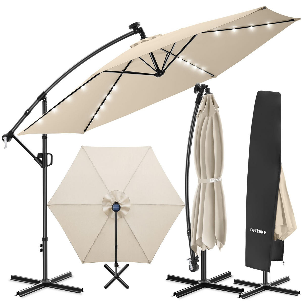 AMPELSCHIRM Artemis, mit LED Solar-Beleuchtung, inkl. Schutzhülle, beige - Beige, Metall (350/337cm) - tectake