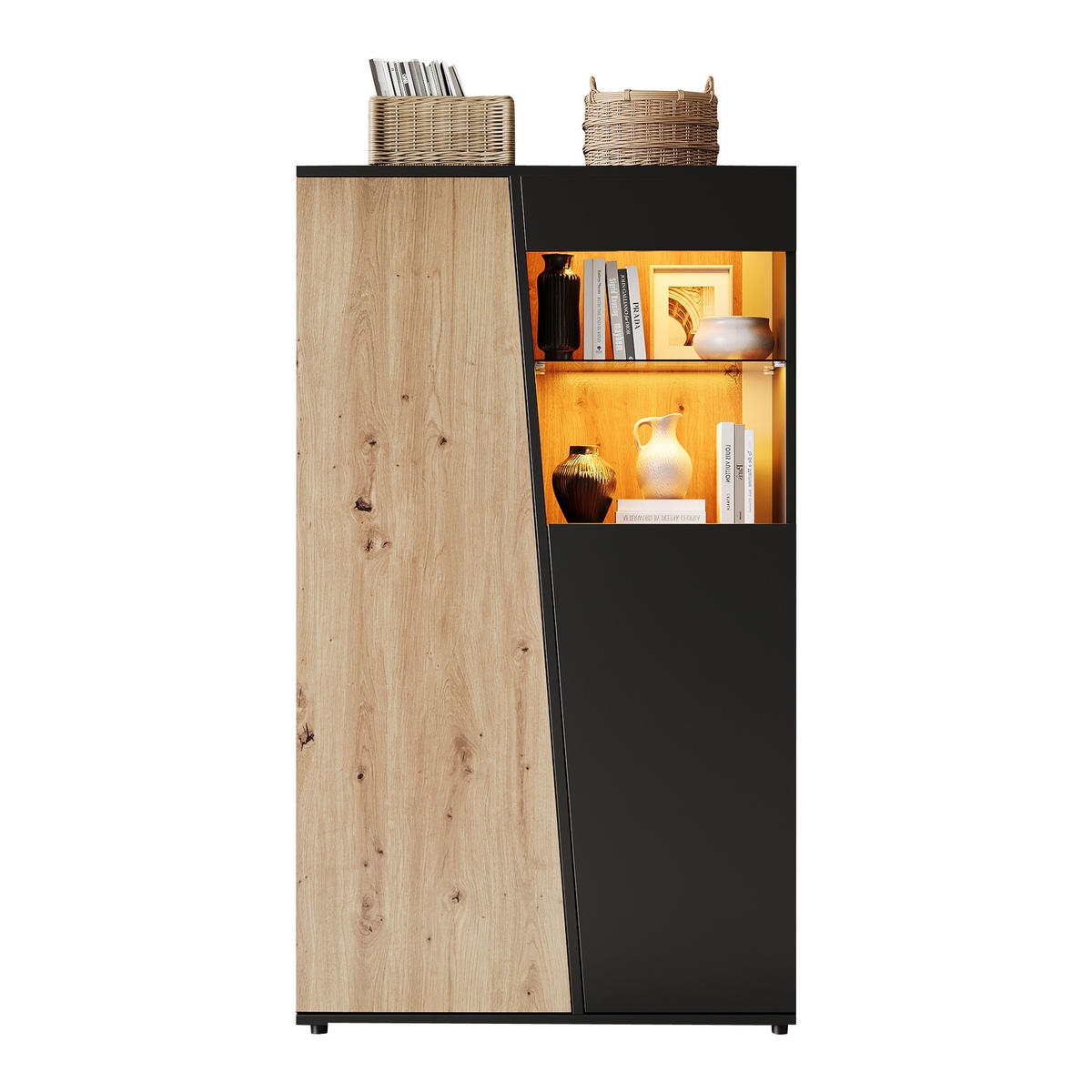 VITRINENSCHRANK 80/35/139,5 cm mit LED, Glastüren und verstellbaren Glasböden in Schwarz-Naturholzoptik - Schwarz/Naturfarben, Glas/Holzwerkstoff (80/139.5/35cm) - CHICFURN