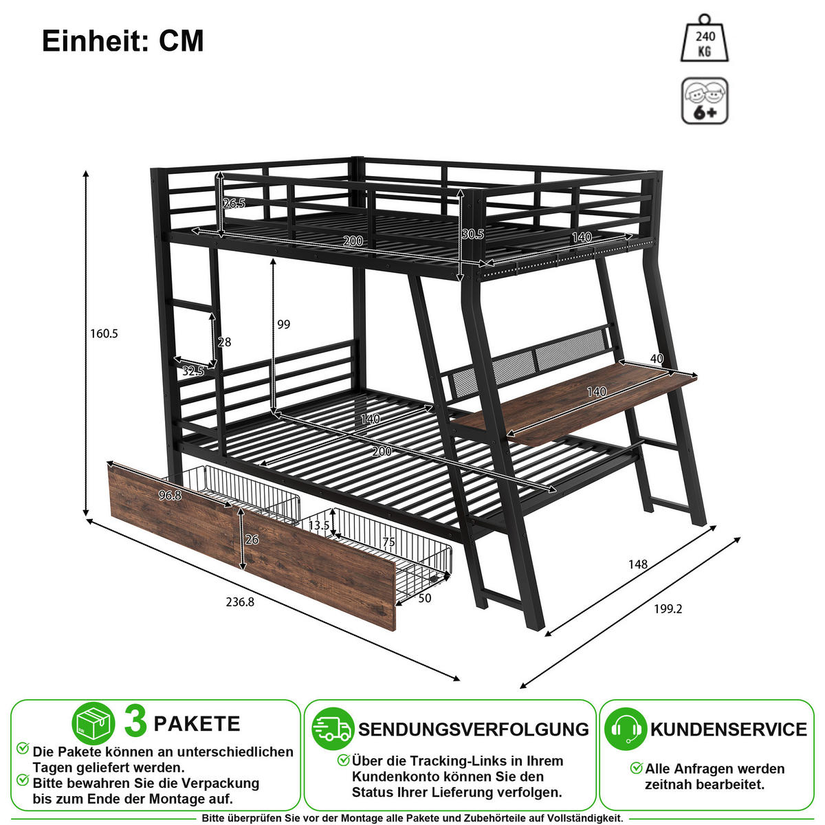 HOCHBETT 140/200 cm in Schwarz mit LED, Schubladen, Treppe und Schreibtisch aus Metall - Schwarz, Holzwerkstoff/Metall (140/200cm) - CHICFURN