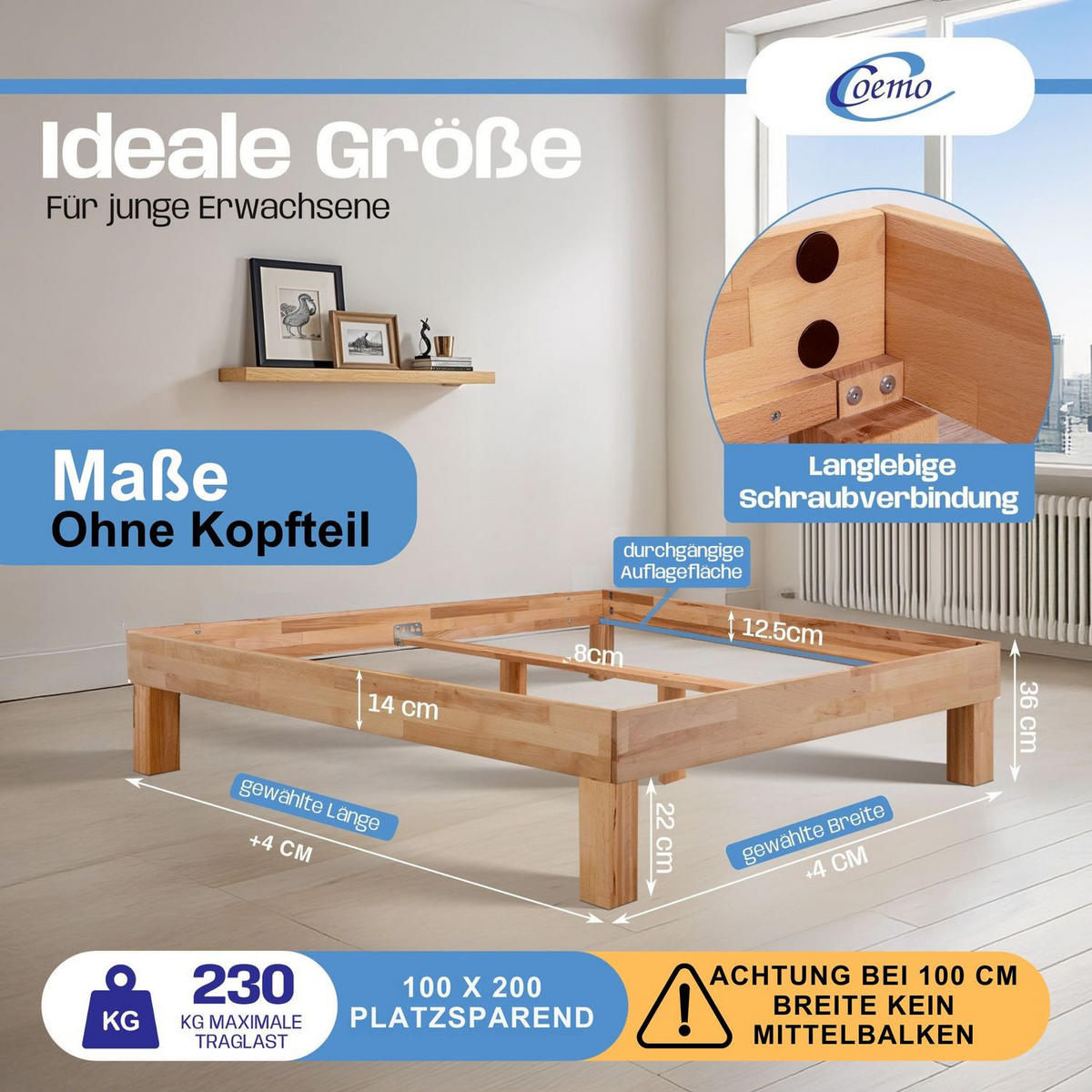 MASSIVHOLZBETT LEAH Buche massiv 100/200 cm - Naturfarben, Holz (100/200cm) - Coemo