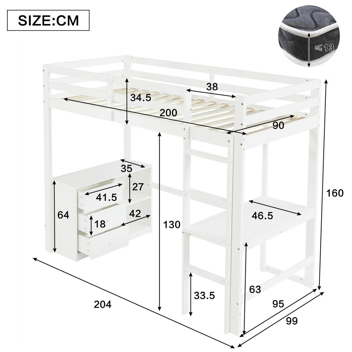 HOCHBETT 90/200 cm Weiß mit Schreibtisch und Stauraum ohne Matratze - Weiß, Holz (90/200cm) - MIVRAY