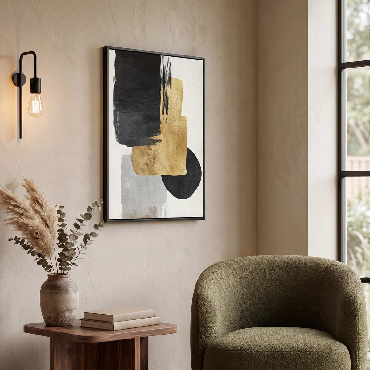 LEINWAND Bilder mit Rahmen - Gold - Rechtecke - Kreise - Abstrakt - 60x80 - Weiß, Textil (60/80cm) - MuchoWow