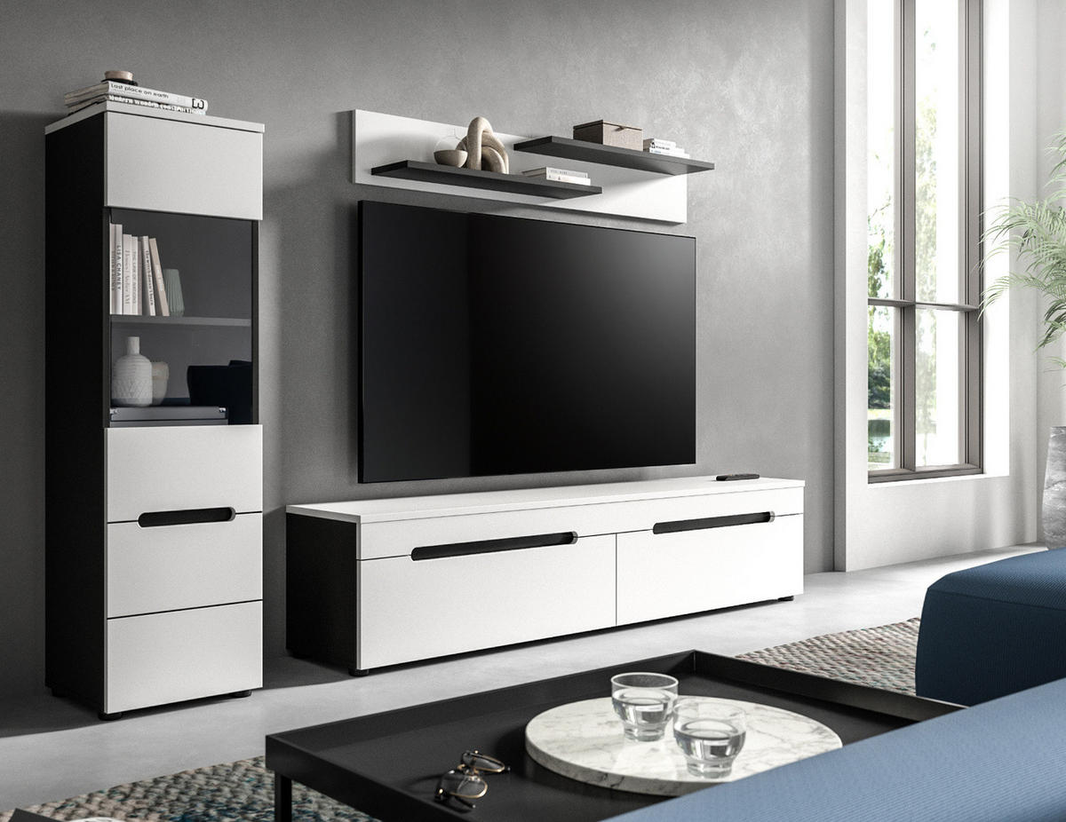 WOHNWAND weiß, grau, Wohnkombination 3-teilig hängend / stehend 221 cm, Cooper - Schwarz/Weiß, Glas/Holzwerkstoff (221/141/33cm)