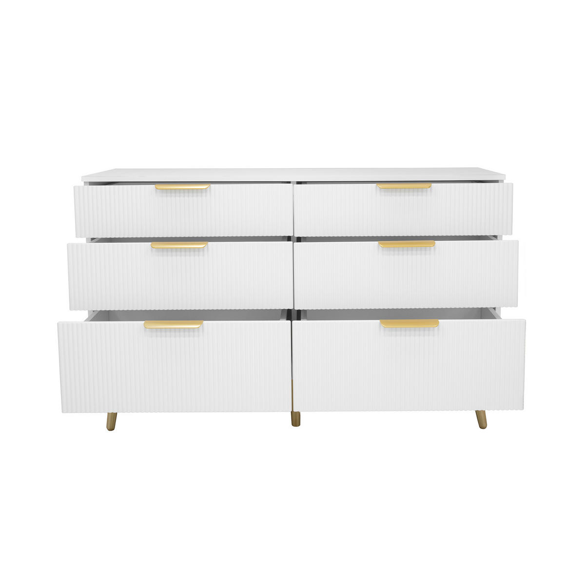 KOMMODE aus Spanplatte 120x40x76,5 cm Weiß mit 6 Schubladen und Holzoptik-Füßen - Weiß, Holzwerkstoff (120/76.5/40cm) - Modfu