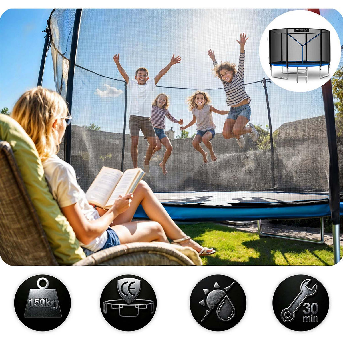 GARTENTRAMPOLIN 10 ft/312 cm mit Außennetz und Leiter - Blau, Metall (312/312cm)