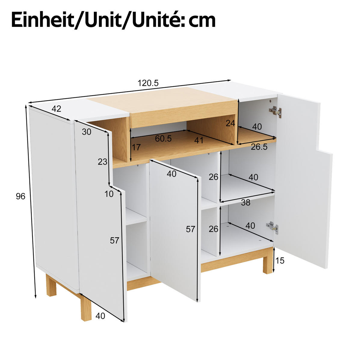 SIDEBOARD 120,5/42/96 cm mit 3 Türen & offenem Fach in Weiß und Holzoptik - Weiß, Holzwerkstoff (120.5/96/42cm) - BEAOK