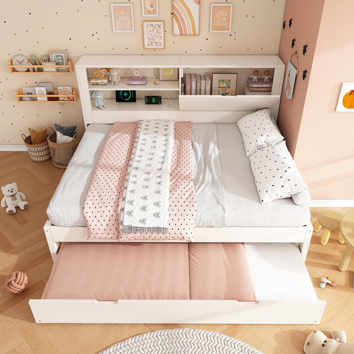 POLSTERBETT 140/190 cm mit Ausziehbett 90/190 cm, USB-Ladestation und Stauraum-Rückwand, Weiß - Weiß, Textil (140/190cm) - Redom