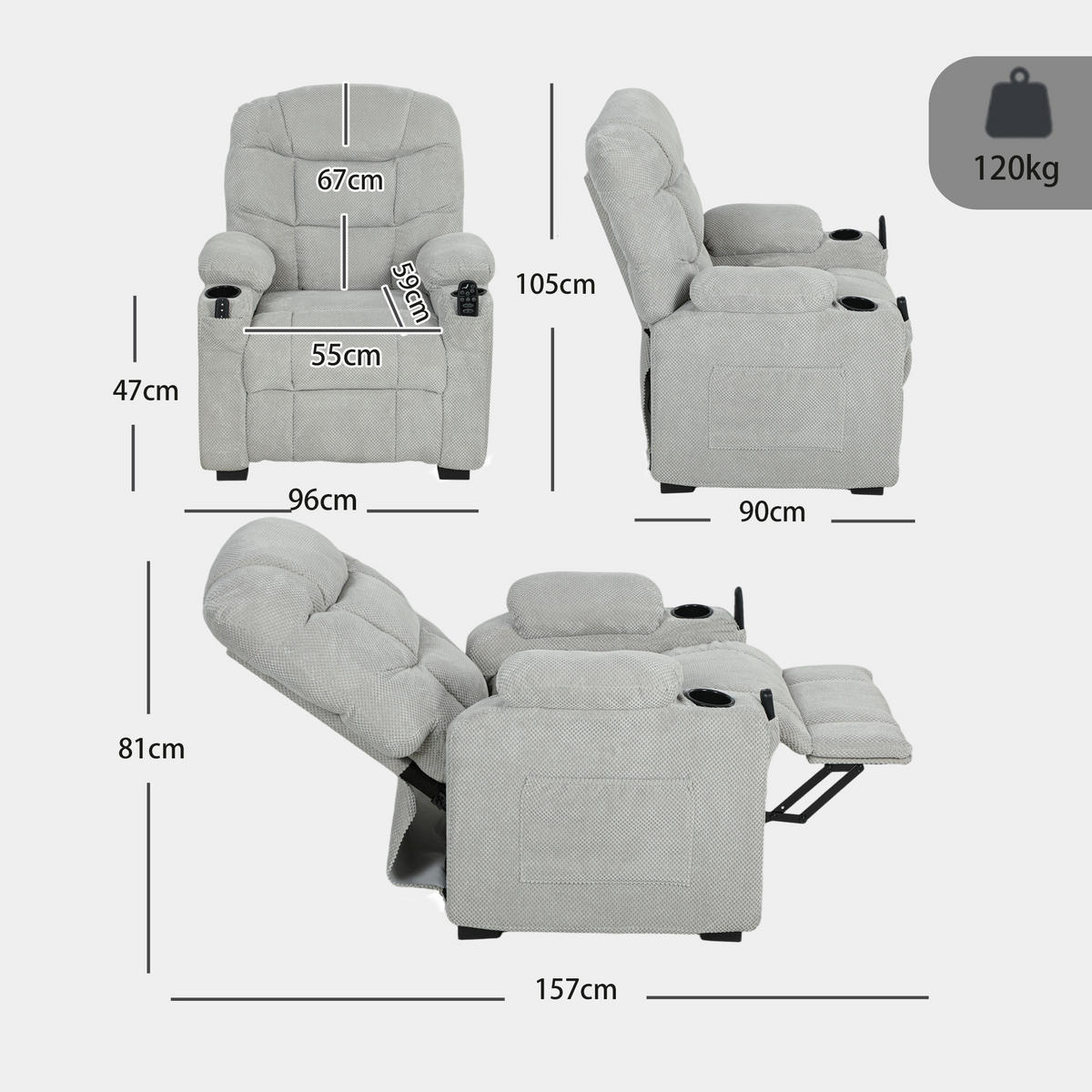 ELEKTRISCHER-RELAXSESSEL Samt Metall Grau - Schwarz/Grau, Textil/Metall (90/105/96cm) - HOMCOM