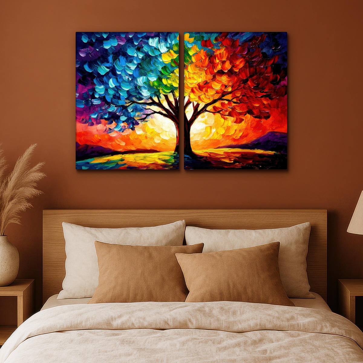 LEINWANDBILD 2er Set Baum - Farbenfroh - Malerei-Look - Abstrakt 100x70 cm - Multicolor, Textil (100/70cm) - MuchoWow