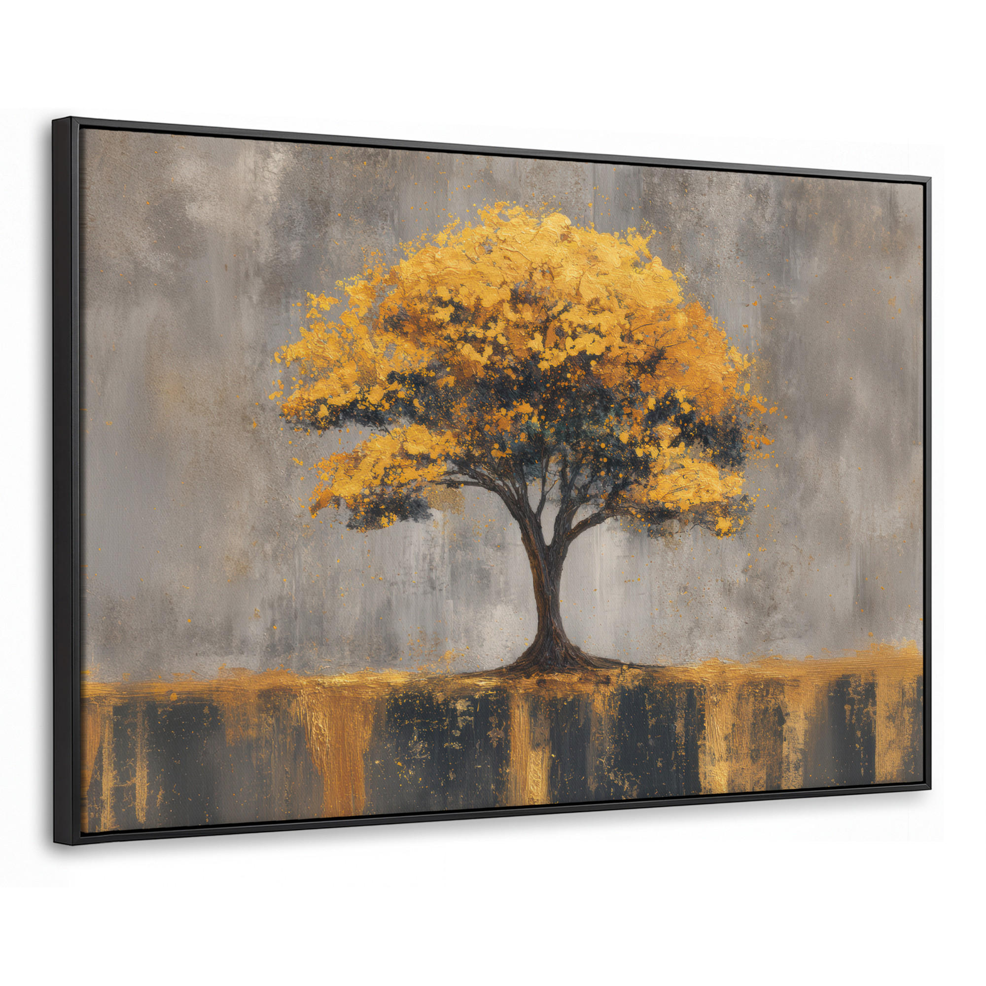 LEINWAND Bilder mit Rahmen - Baum - Blätter - Gold - Abstrakt - 120x80 - Grau, Textil (120/80cm) - MuchoWow