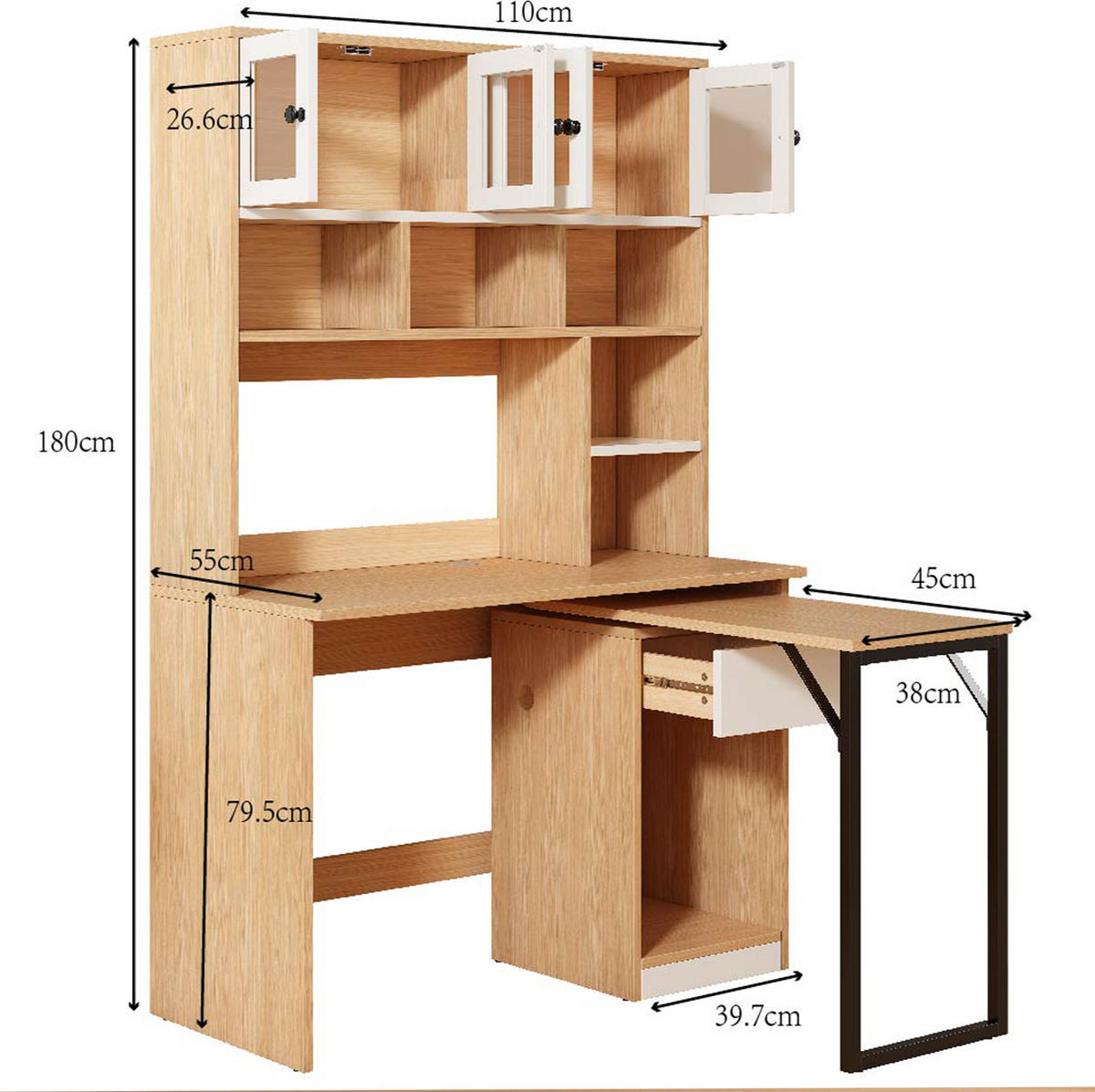 SCHREIBTISCH mit Hochschrank 180 cm MDF Natural White - Weiß, Holz (110/55/180cm) - Meubliv