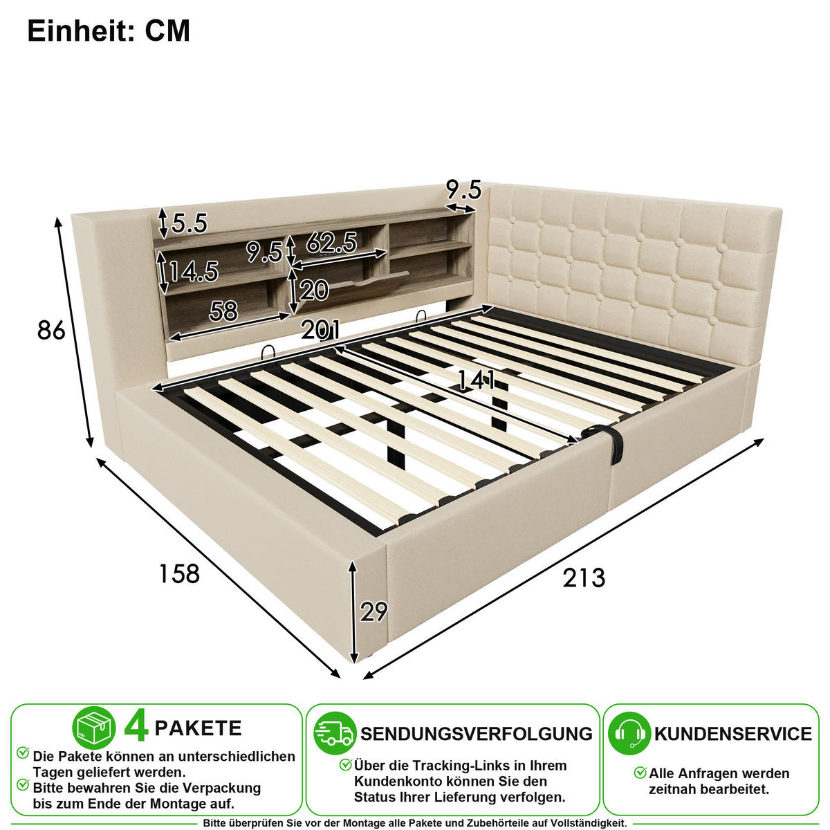 POLSTERBETT 140/200 cm in Beige Leinen mit Bettkasten mit Stauraum, LED und Matratze - Beige, Holzwerkstoff/Textil (140/200cm) - CHICFURN