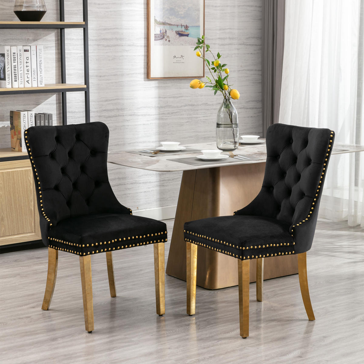 STUHL-SET DE-36289 2 Stück mit goldenen Beinen Schwarz - Schwarz, Holz (50/95/65cm) - ComfortXL