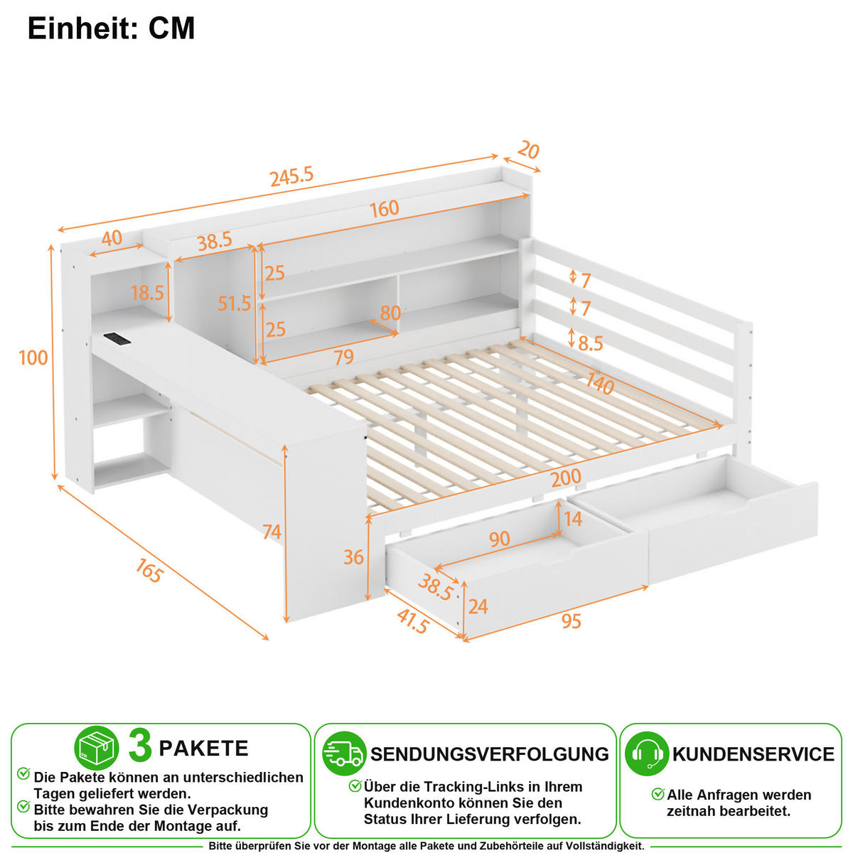 SCHLAFSOFA 140/200 cm in Weiß mit Schreibtisch, Regal und USB Massivholz - Weiß, Holz/Holzwerkstoff (140/200cm) - CHICFURN