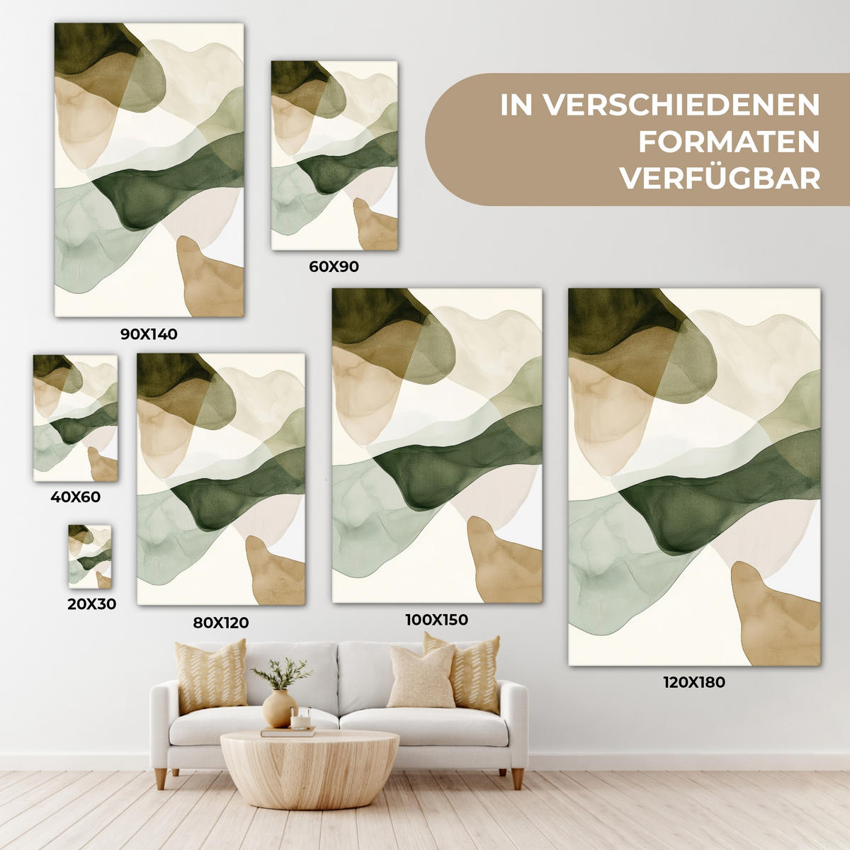 LEINWANDBILD Japandi - Abstrakt - Grün 20x30 cm - Salbeigrün, Textil (20/30cm) - MuchoWow