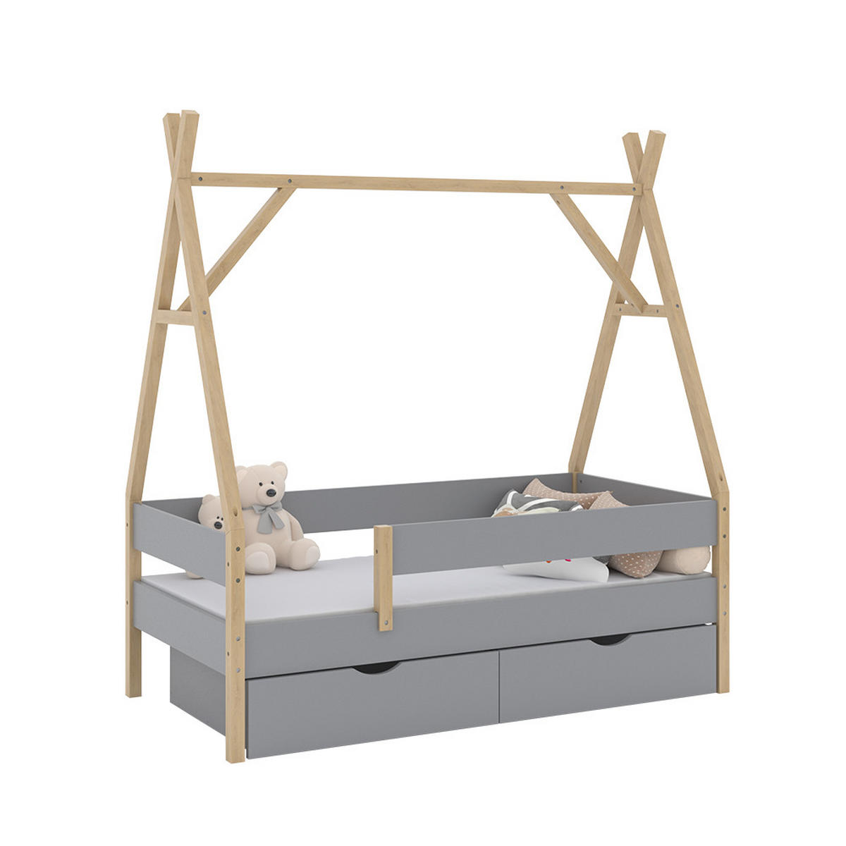 TIPI-BETT Bali Grau 80x160 cm mit 2 Schubladen und Matratze - Grau, Holz - VitaliSpa