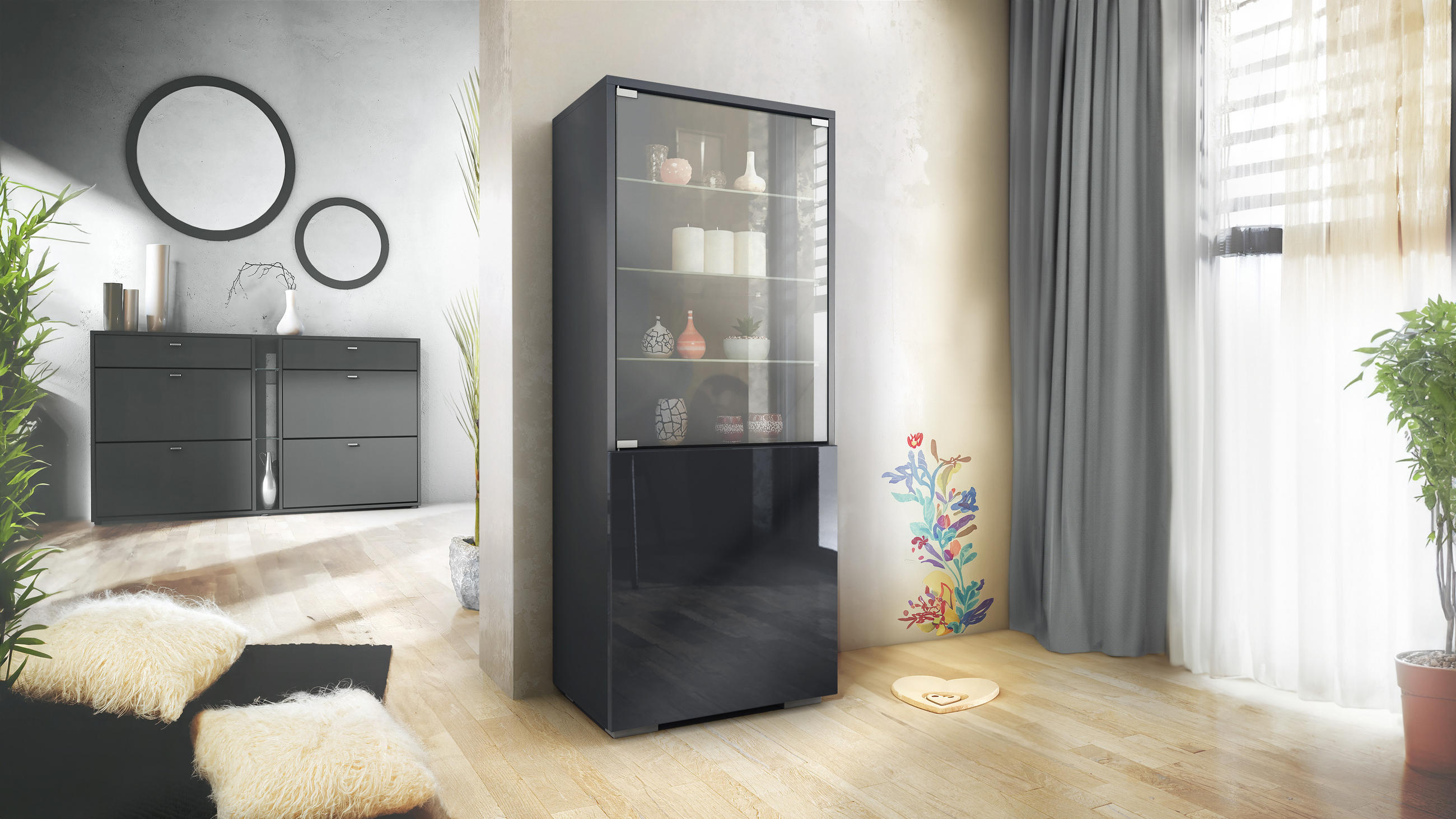 VITRINE Granada Schwarz Hochglanz - Schwarz Hochglanz, Holzwerkstoff (50/122.5/34.5cm) - Vladon