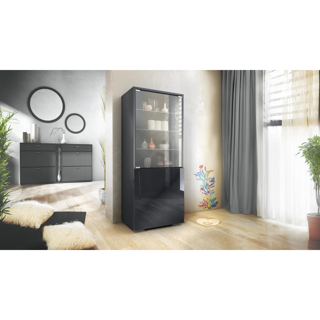 Thumbnail - Vladon Vitrine, Schwarz Hochglanz, Holzwerkstoff, 50x122.5x34.5 cm, Wohnzimmer, Wohnwände, Vitrinenschränke