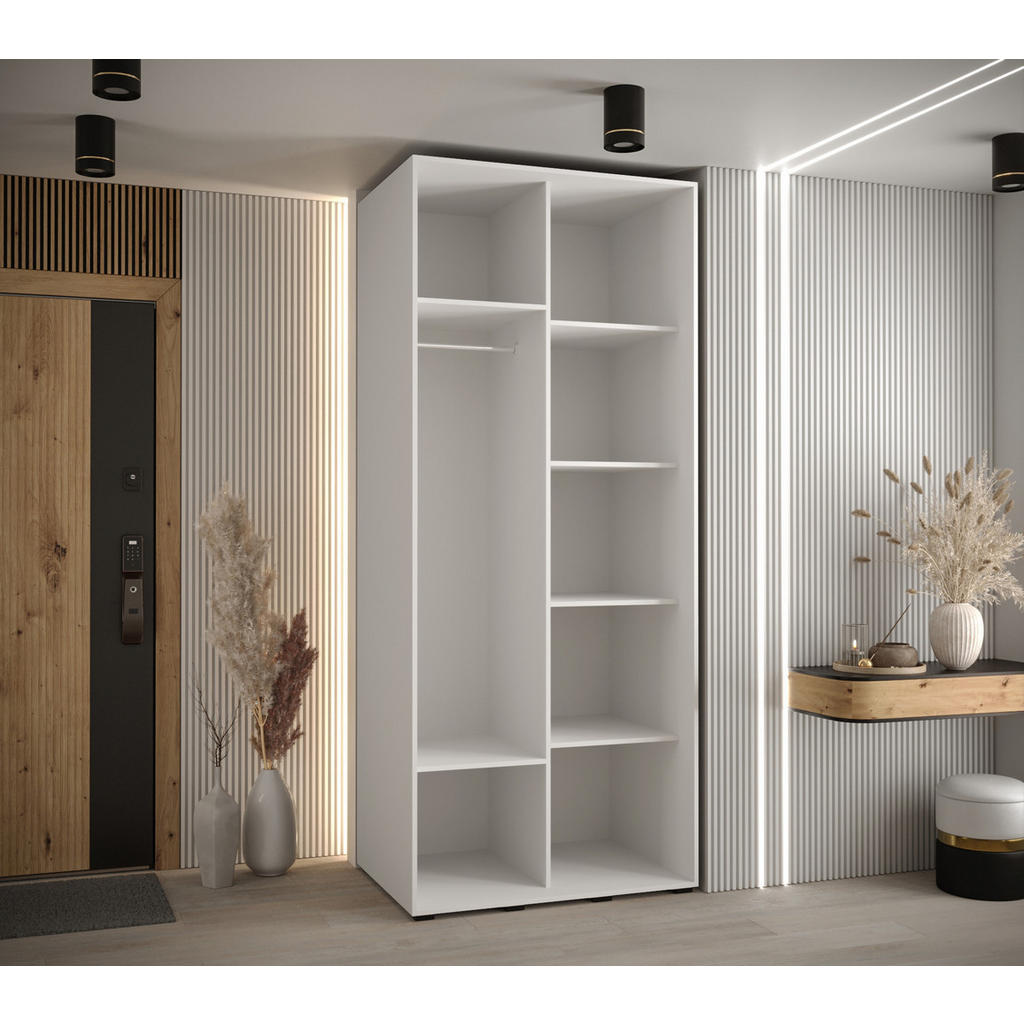 Thumbnail - Abiks Möbel Schwebetürenschrank, Weiß, Silber, Metall, Nachbildung, 6 Fächer, 120x235x60 cm, Schlafzimmer, Kleiderschrän...