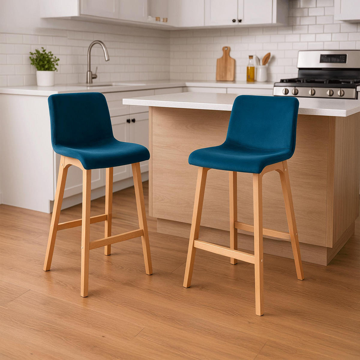 BARHOCKER Samt Blau - Blau/Eukalyptusholzfarben, Holz/Textil (41/101/46cm) - CLP